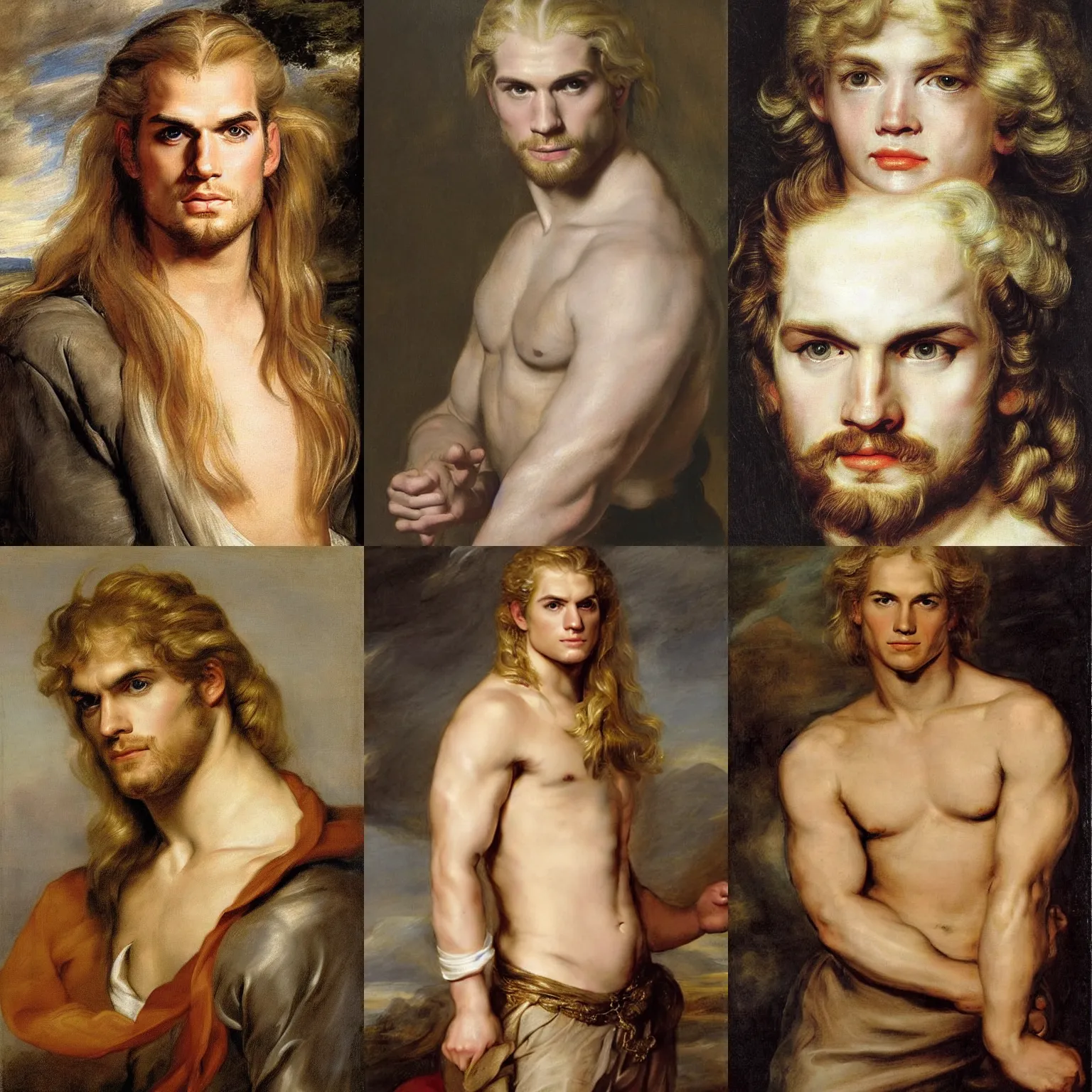 Prompt: portrait of a young androgynous Henry Cavill with long blond hair and side braids by peter Paul rubens, very very very very pale white skin platinum blond hair