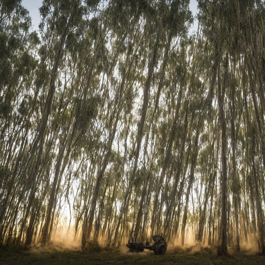 Image similar to long exposure photograph of moving eucalyptus trees in a strong wind, back light, sony ar 7 ii, photographed by julie blackmon