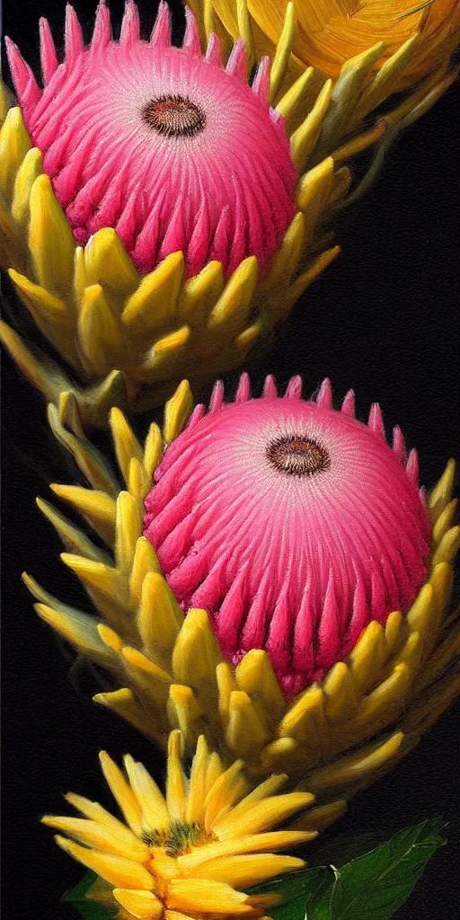 Image similar to detailed pink and yellow protea pincushions against a black backdrop by thomas cole, detailed brush strokes, oil painting, artstation