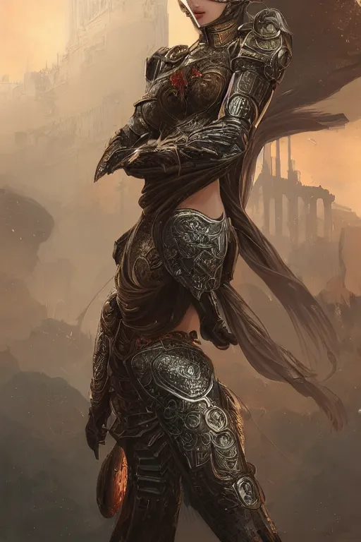 Image similar to portrait knights of Zodiac girl, metallic black and reddish reflected armor, in ruined Agora of Athens, ssci-fi, fantasy, intricate, very very beautiful, elegant, highly detailed, digital painting, artstation, concept art, smooth, sharp focus, illustration, art by tian zi and WLOP and alphonse mucha