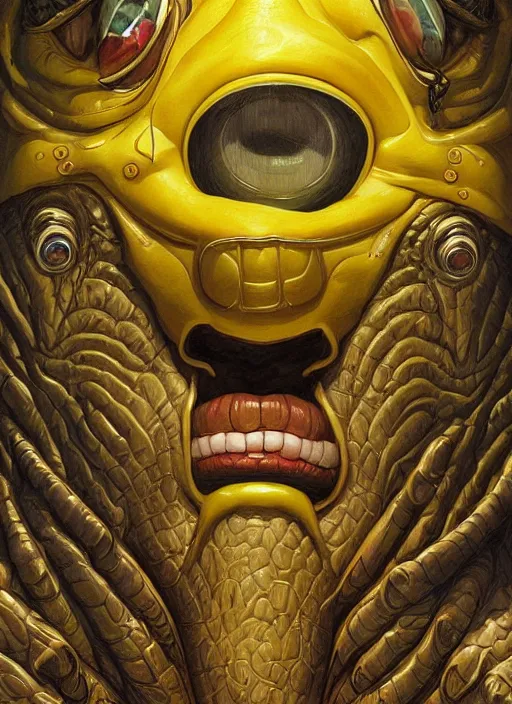 Image similar to homer simpson mf doom reptile eyes, yellow skin. intricate, elegant, highly detailed, centered, digital painting, artstation, concept art, smooth, sharp focus, illustration, artgerm, tomasz alen kopera, peter mohrbacher, donato giancola, joseph christian leyendecker, wlop, frank frazetta