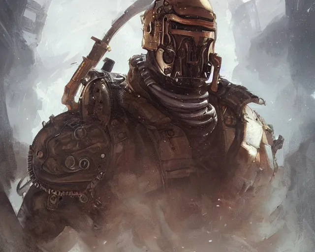 Image similar to portrait of a steampunk doomguy slaying demons, fantasy, hd shot, digital portrait, beautiful, artstation, comic style, by artgerm, guy denning, jakub rozalski, magali villeneuve and charlie bowater