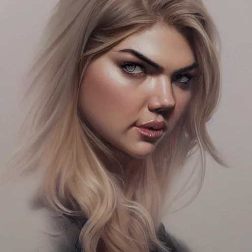 Image similar to portrait of kate upton, dark, piercing eyes, gentle expression, elegant clothing, photorealistic, highly detailed, artstation, smooth, sharp focus, art by michael whelan, artgerm, greg rutkowski and alphonse mucha