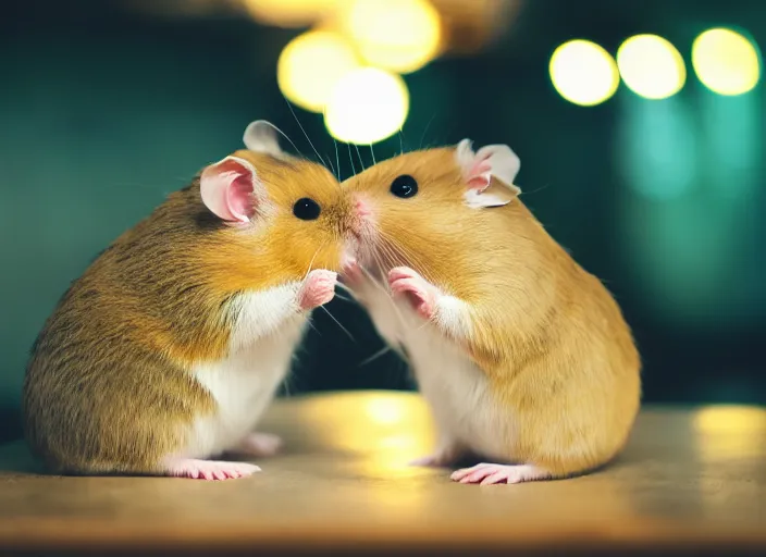 Image similar to photo of a hamsters kissing!!!!, at night, romantic, faded colors, candlelit restaurant table, cinematic color grading, various poses, soft light, well framed, sharp focus, 8 k