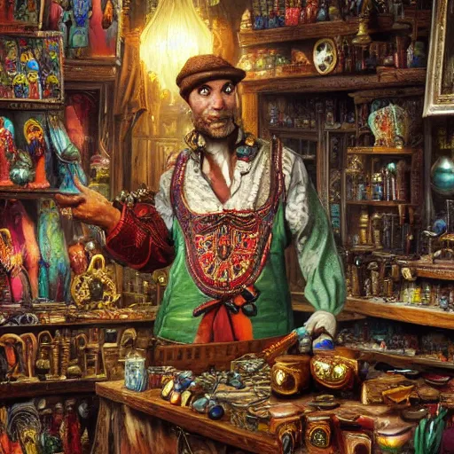 Image similar to A Anthropomorphized parrot trader in his shop, selling his wares, portrait, items, gold, carpet, window, sly expression, cunning expression, D&D, fantasy, intricate, cinematic lighting, highly detailed, digital painting, artstation, concept art, smooth, sharp focus, illustration, art by Akihiko Yoshida, Greg Rutkowski and Alphonse Mucha