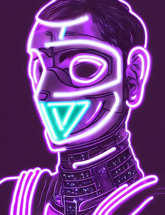 Image similar to a detailed manga portrait of a black haired man with a cybernetic body and face mask with glowing neon purple lights, trending on artstation, digital art, 4 k resolution, detailed, high quality, sharp focus, hq artwork, coherent, insane detail, character portrait