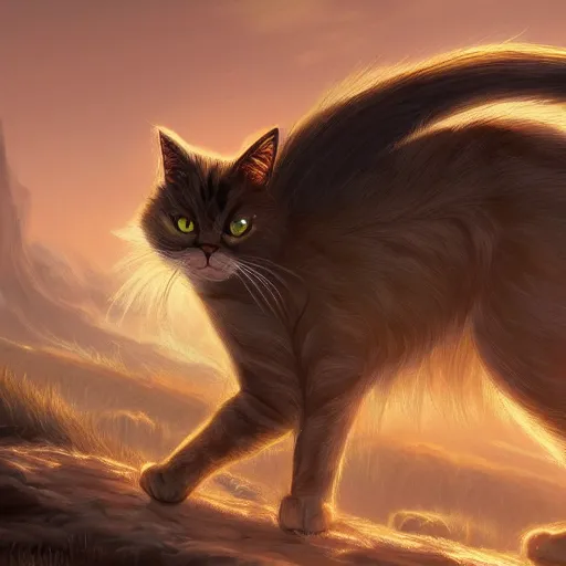 Prompt: landscapes full of beautiful cat, golden hours, elden ring style, trending on art Station