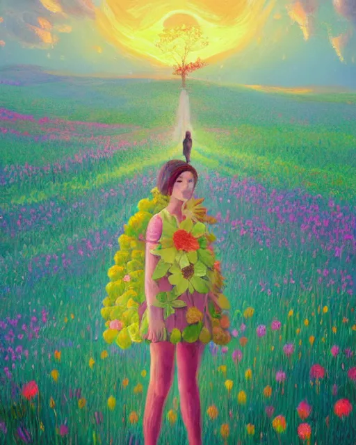 Image similar to girl with giant flower as a face and flower dress, standing in a flower field hills, big trees, sunrise dramatic light, impressionist painting, colorful clouds, digital painting, pointillism, artstation, simon stalenhag