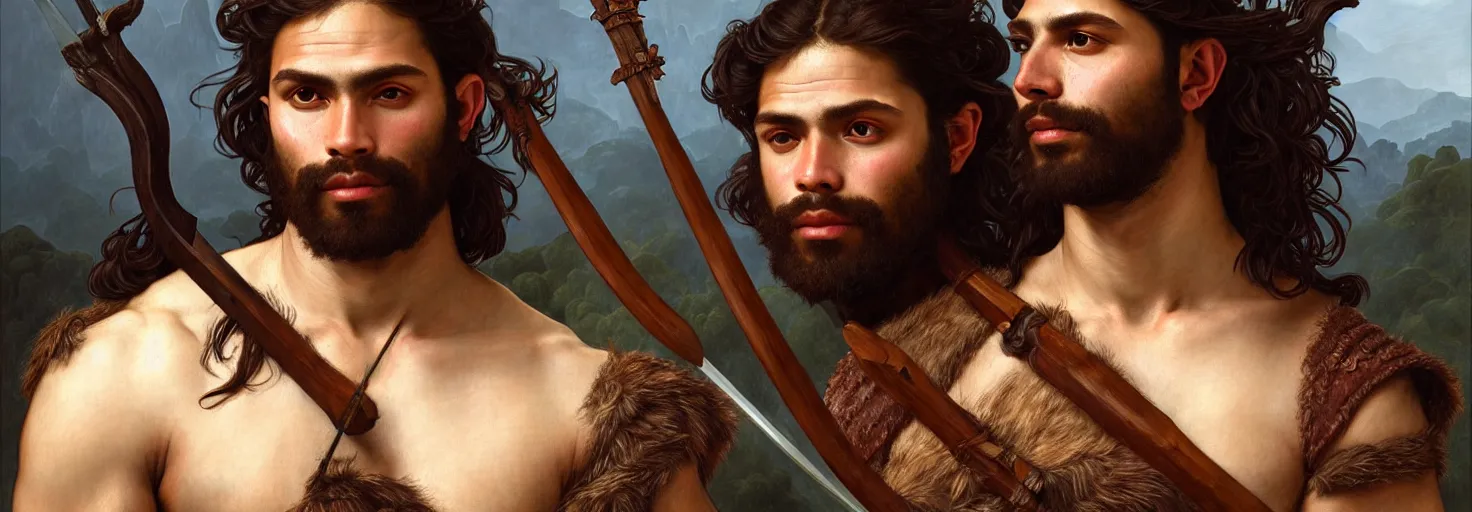 Image similar to renaissance upper body portrait of a gruff ranger with a spear, varied ethnicity, lean and toned, handsome face, hairy chest, D&D, intricate, elegant, highly detailed, digital painting, artstation, concept art, matte, sharp focus, illustration, art by da Vinci, Artgerm and Greg Rutkowski and Alphonse Mucha