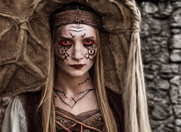 Image similar to a young female viking seer witch in the village. Seer wears traditional viking markings and makeup. Highly detailed. 8k. Fantasy horror.