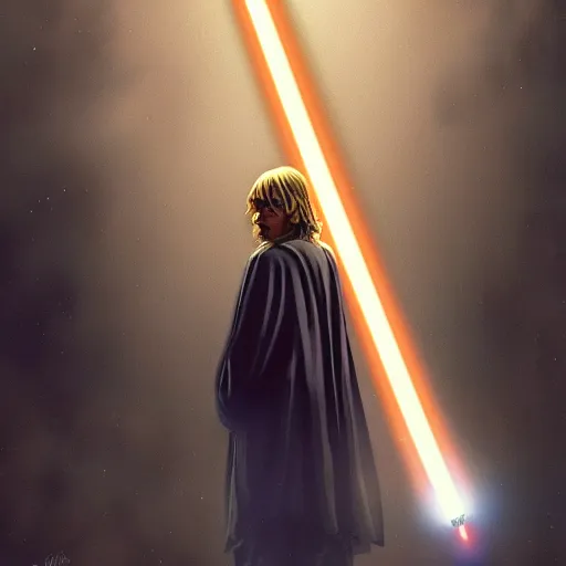 Prompt: a dreamy film still of Kurt Cobain in star wars Holding a Lightsaber, Moebius, Greg Rutkowski, Zabrocki, Karlkka, Jayison Devadas, Phuoc Quan, trending on Artstation, 8K, ultra wide angle, zenith view, cyberpunk pincushion lens effect