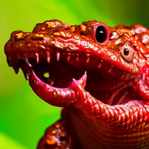 Image similar to slimy monster with long slimy textured tongue, dripping saliva, macro photo, fangs, red glowing veins, skin with snake scales, cinematic, tiny glowbugs flying everywhere, standing a swamp, flying wasps, insanely detailed, dramatic lighting