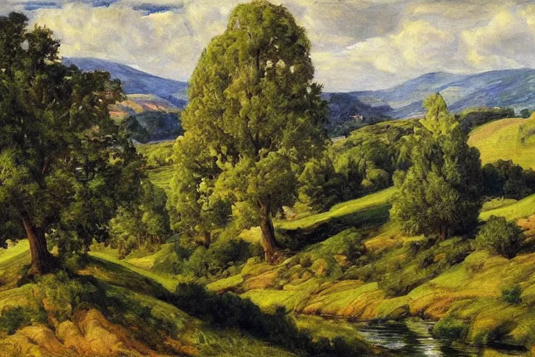 Image similar to masterpiece painting of oak trees on a hillside overlooking a creek, dramatic lighting, by annie swynnerton