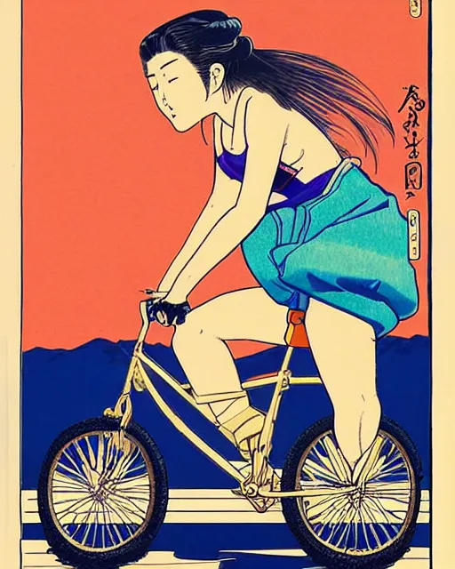 Prompt: awesome logo of a girl riding a bike in denim shorts, side view, synthwave colours, in ukiyo - e style, 1 9 6 0, kodak, natural colors, codex seraphinianus painting by moebius and satoshi kon and alberto mielgo