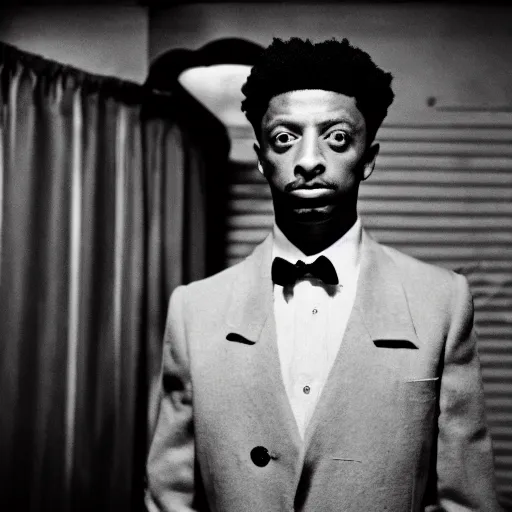 Image similar to vintage noir film still of rapper 21 Savage starring in a Horror film in the style of Wes Craven, shallow depth of field, 1933