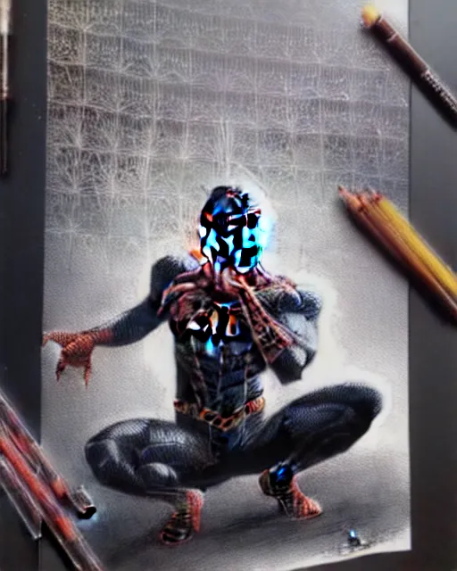 Prompt: A black substance is taking control of spiderman, highly detailed, intricate reflection patterns, sharp focus, art by Artgerm and Greg Rutkowski and WLOP