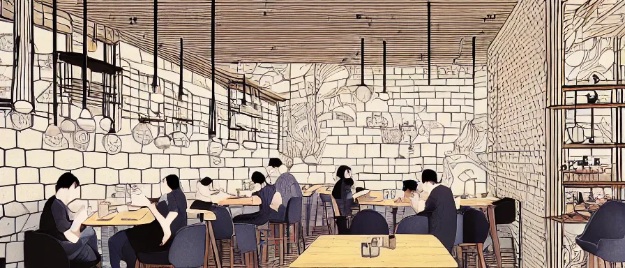 Image similar to a beautiful interior view illustration of a small roasted string hotpot restaurant in yan'an city, wall corner, restaurant wall paper is tower amd mountain, rectangle white porcelain table, people are eating, black chair, animation illustrative style, from china, simple style structure decoration design, victo ngai, james jean, 4 k hd