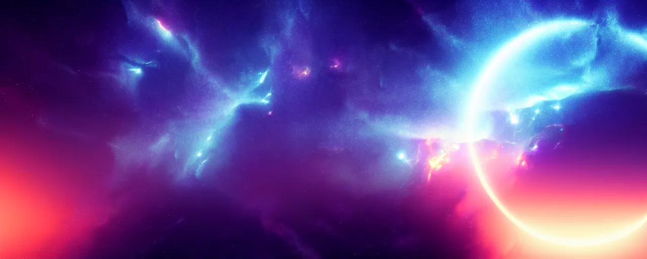 Prompt: minimalist cinematic scifi render of atmospheric space, nebula, hubble, homeworld skies, volumetric lighting, 4 k, 8 k, hd