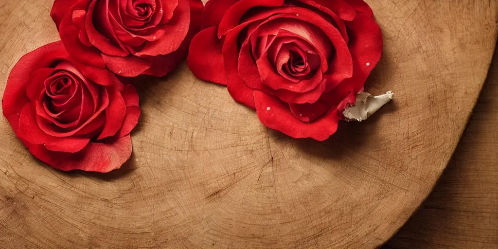 Prompt: a single red rose petal rests on a wooden table with an intricate seashell carved into it, close up view, dramatic lighting, DOF, intricate artwork by Raymond Swanland and Ruan Jia