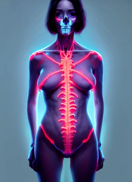 Image similar to female posing sensual figure x - ray, skeletal, glowing veins under translucent skin, highly detailed skin, bioluminescent, plasma, greg rutkowski, 8 k trending on artstation,