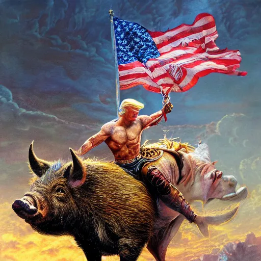 Image similar to hyperrealistic mixed media painting of Trump riding a Boar, stunning 3d render inspired art by P. Craig Russell and Barry Windsor-Smith, 8k octane beautifully detailed render, post-processing, extremely hyperdetailed, intricate, epic composition, grim yet sparkling atmosphere, cinematic lighting + masterpiece, trending on artstation, very detailed, masterpiece, stunning