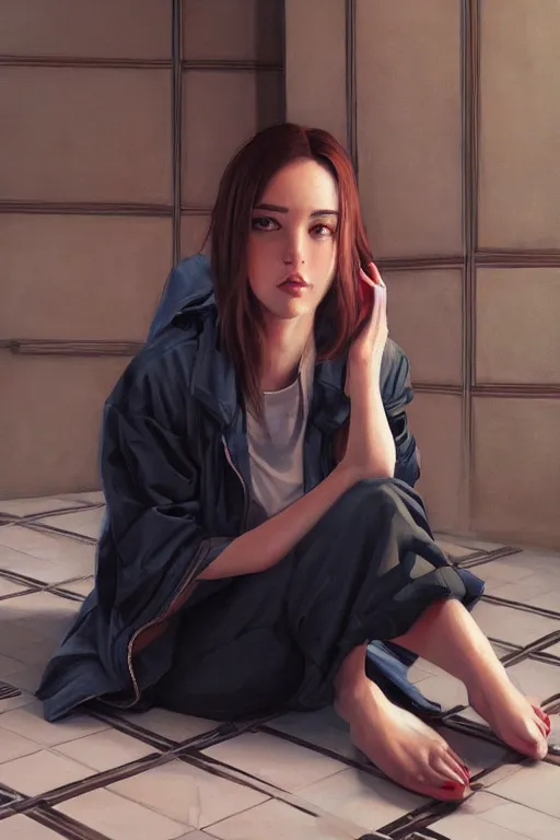 Image similar to a ultradetailed beautiful panting of a stylish woman sitting on the floor in a tiled room, she is wearing an oversized jacket, night time, oil painting, by ilya kuvshinov, greg rutkowski, guweiz and makoto shinkai