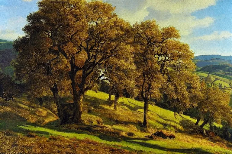 Image similar to masterpiece painting of oak trees on a hillside overlooking a creek, by arkady rylov