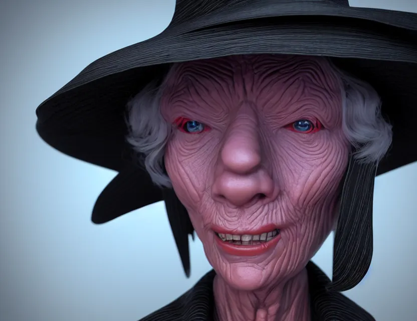 Image similar to cinematic bust portrait of robo face granny cyborg body, witch's hat on head, by jean giraud, trending artstaition, 3 d, unreal engine