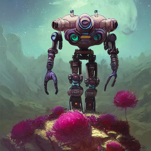 Prompt: floating robot sentinel enjoying picking up flower on alien planet colorful, fantasy, intricate, highly detailed, digital painting, hq, trending on artstation, illustration, style of stanley artgerm and greg rutkowski and dan mumford