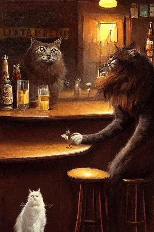 Prompt: of a british longhair cat sitting at the bar next to a beer, by greg rutkowski