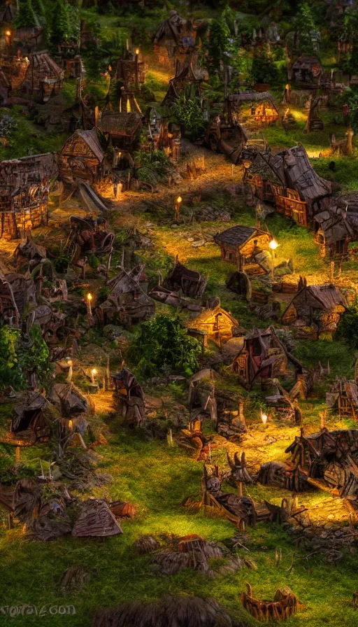 Image similar to a ground photo of a goblin village near a river at night, photorealistic, 8k, high detail, high quality, dramatic lighting, HDR