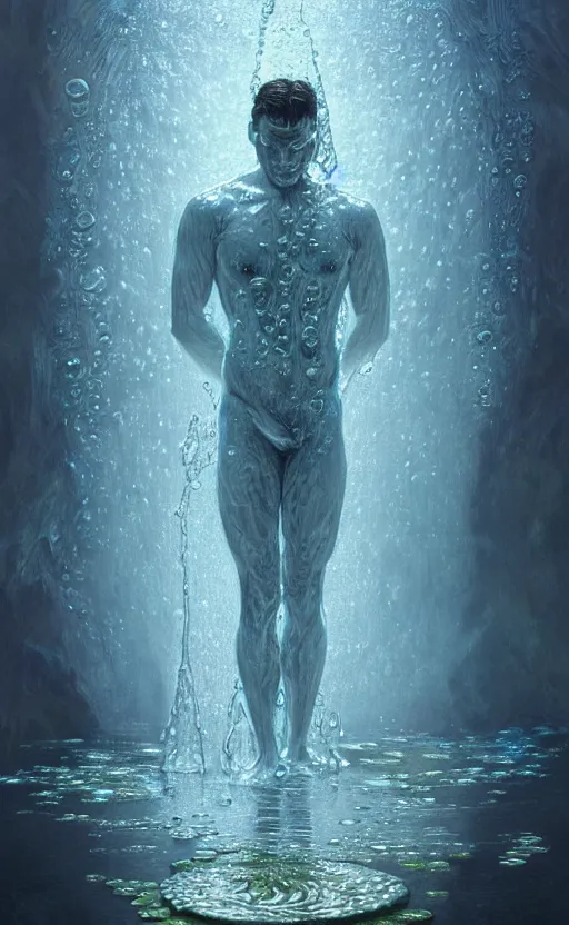 Image similar to portrait of a water man, a humanoid creature made of pure water with tiny water plants on him, concept art, deep focus, fantasy, intricate, highly detailed, digital painting, artstation, matte, sharp focus, illustration, art by artgerm and greg rutkowski and alphonse mucha