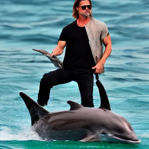 Prompt: brad pitt riding a dolphin, 8 k, paparazzi style