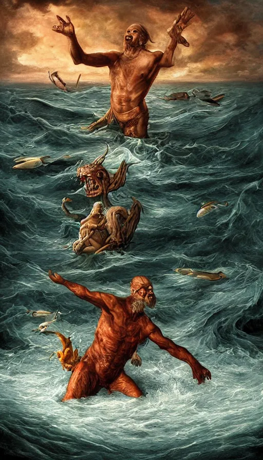 Prompt: man on boat crossing a body of water in hell with creatures in the water, sea of souls, by jason de graaf