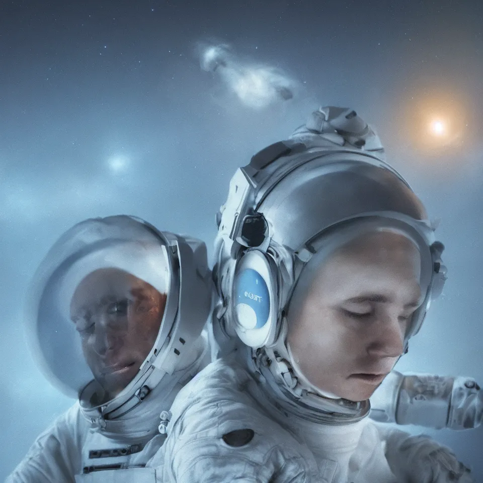 Image similar to portrait of a astronaut wearing head phones by ben templesmith, dynamic lighting, gradient light blue, blonde cream and white color scheme, epic composition, hd, octane, unreal engine, volumetric lighting, light rays, masterpiece, award - winning