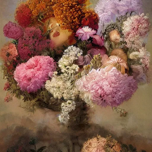 Image similar to ordered garfield by eugene von guerard, by william oxer. this digital art is a large canvas, covered in a wash of color. in the center is a cluster of flowers, their petals curling & twisting in on themselves. the effect is ethereal & dreamlike, & the overall effect is one of serenity & peace.