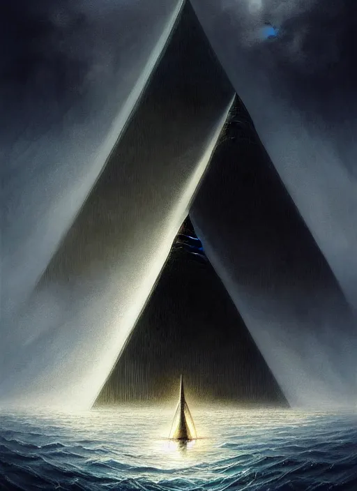 Prompt: a black pyramid emerging from ocean, a scenic dystopian environment, lovecraftian, intricate, elegant, highly detailed, centered, digital painting, artstation, concept art, smooth, sharp focus, illustration, artgerm, tomasz alen kopera, peter mohrbacher, donato giancola, joseph christian leyendecker, wlop, boris vallejo