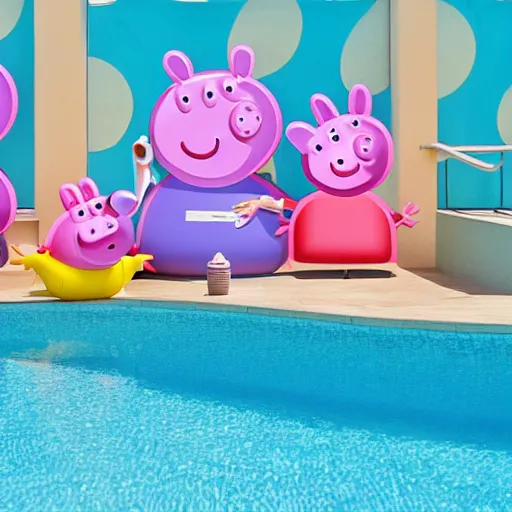 Image similar to an inflatable float of Peppa Pig in the center of a luxury hotel swimming pool