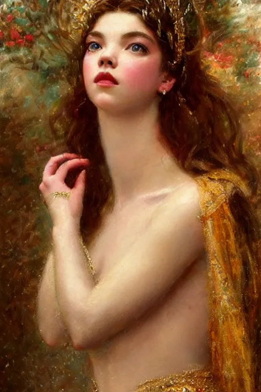 Prompt: portrait of anya taylor - joy as the goddess aphrodite. art by gaston bussiere.