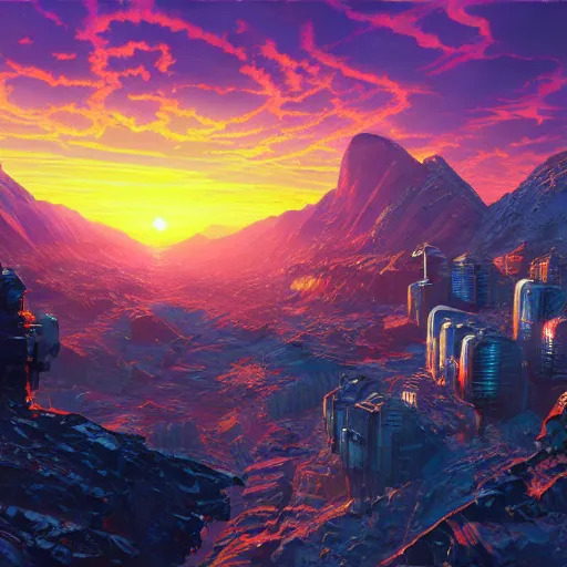 Image similar to beautiful sunset over detailed cyberpunk suburb in a valley surrounded by epic mountains with snowtops, sharp, highly detailed, oil on canvas, kacper niepokolczycki, syd mead, 4 k, perfect geometry