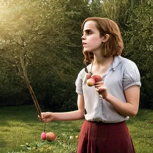 Prompt: Still of Emma Watson as Hermione Granger pinching apples from the neighbors garden. Prisoner of Azkaban. During golden hour. Extremely detailed. Beautiful. 4K. Award winning.