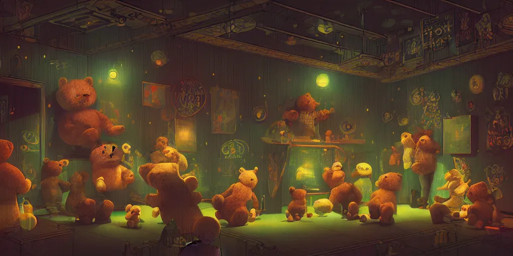 Prompt: a dark noisy english night club, several teddy bear wildly dancing and drinking, dark retro lighting, darkly playful color scheme, intricate details, matte painting, illustration, by hayao miyazaki