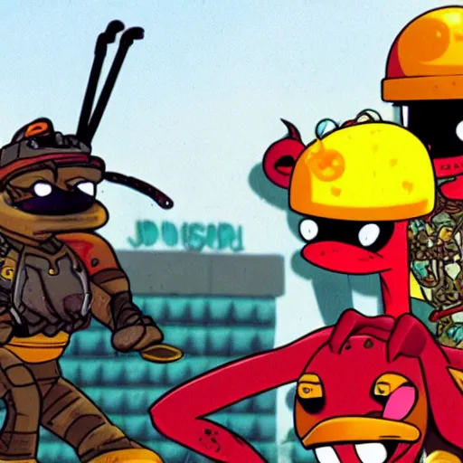 Image similar to a still of from the movie full metal jacket crossover with the game toejam & earl