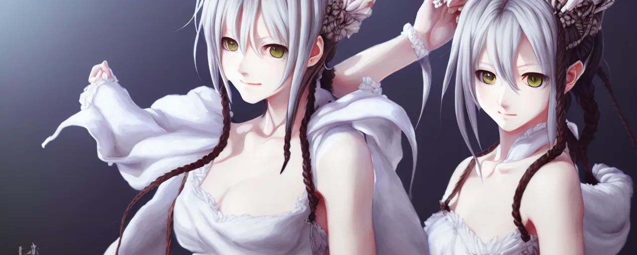 Prompt: a portrait of nekomimi wearing white dress an ultrafine detailed painting, detailed painting, detailed eyes!!, final fantasy octopath traveler realistic hands ghibly