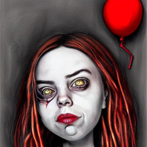 Image similar to surrealism grunge cartoon portrait sketch of billie eilish with a wide smile and a red balloon by - michael karcz, loony toons style, chucky style, horror theme, detailed, elegant, intricate