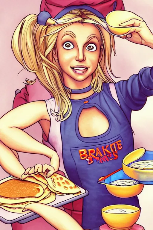 Image similar to britney spears making pancakes, animation pixar style, by pendleton ward, magali villeneuve, artgerm, rob rey and kentaro miura style, golden ratio, trending on art station