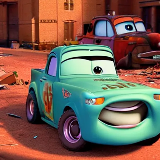 Image similar to mater from cars crashing into a building, rubble, disney pixars cars, mater, mater