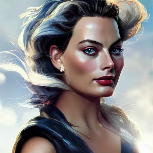 Prompt: beautiful margot robbie as a beautiful greek god in the sky, highly detailed, sexy look, detailed face, digital art, trending on artstation