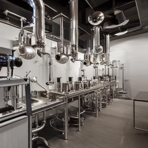 Image similar to a complex, high-end, laboratory with chemistry paraphernalias used to brew coffee, ambient lighting, 4K