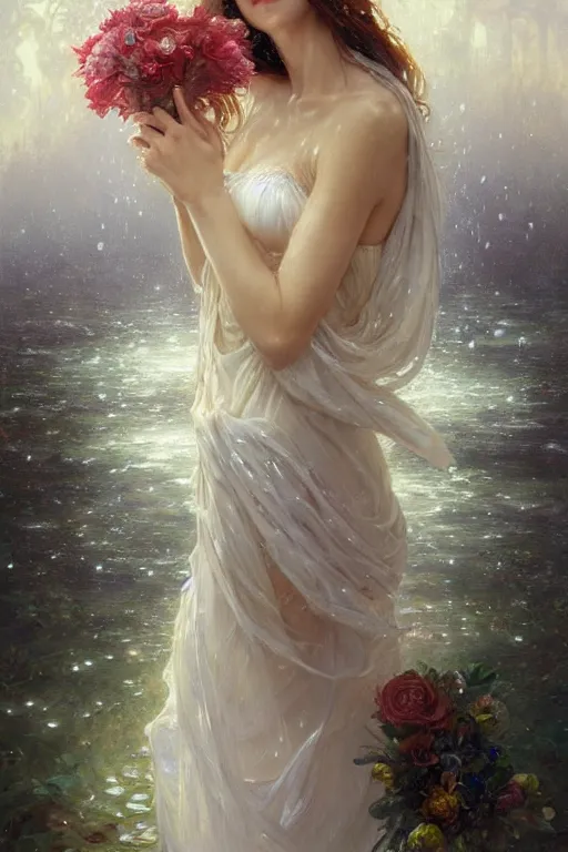 Image similar to portrait of a beautiful woman wearing a white dress, holding a bouquet of flowing flowers, drenched body, wet dripping hair, emerging from the water, fantasy, regal, fractal crystal, fractal gems, by stanley artgerm lau, greg rutkowski, thomas kindkade, alphonse mucha, loish, norman rockwell